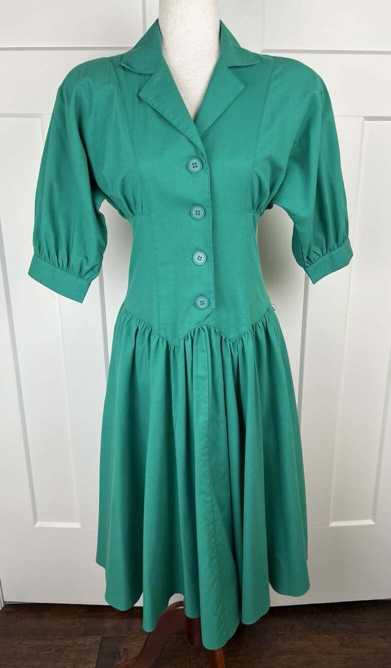 Vintage 80s Leslie Lucks Dress 6P Emerald Green Basque Waist Full Skirt USA